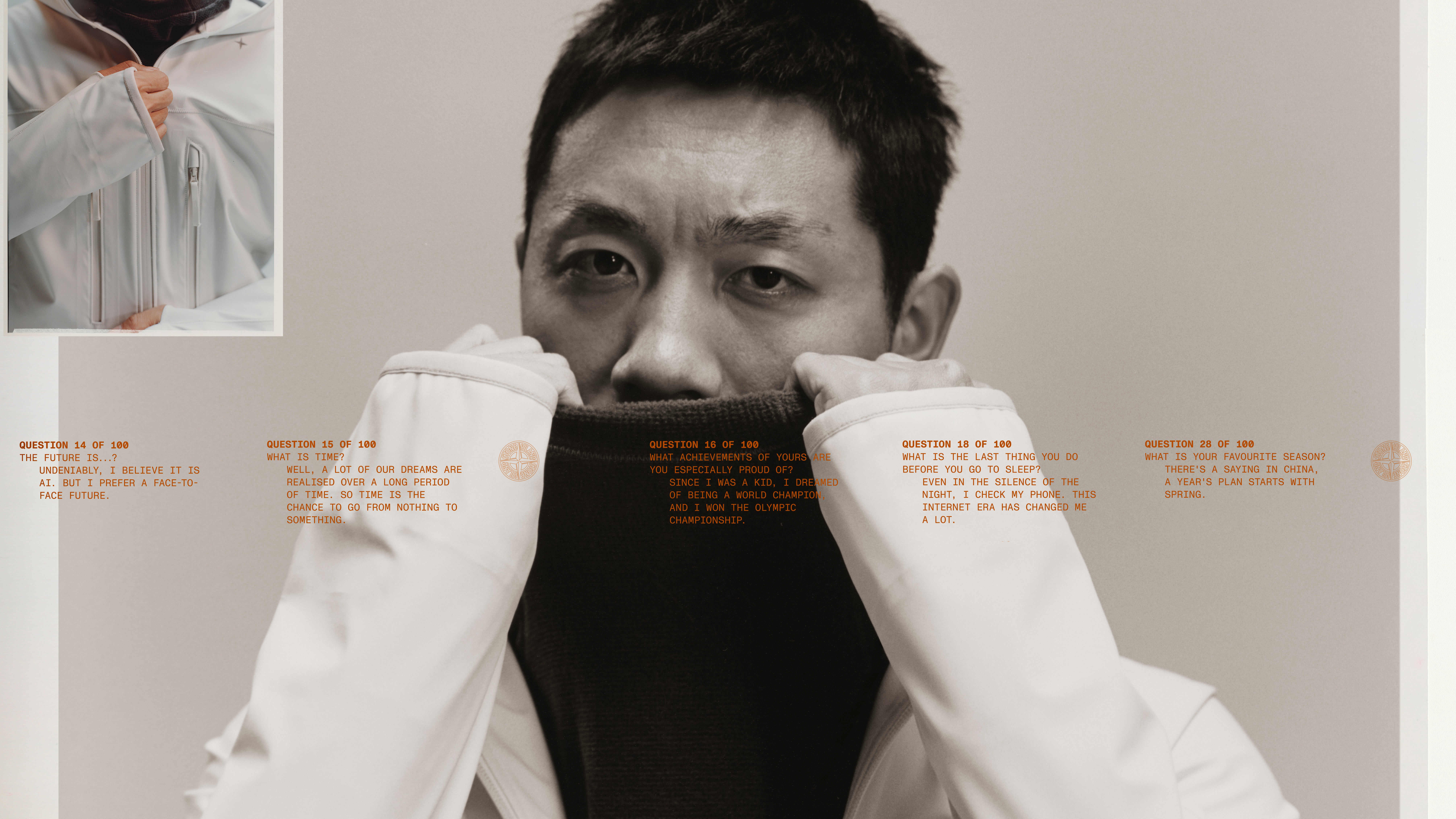 Xu Xin wears Stone Island Stellina white zip-up hooded sweatshirt, collage view