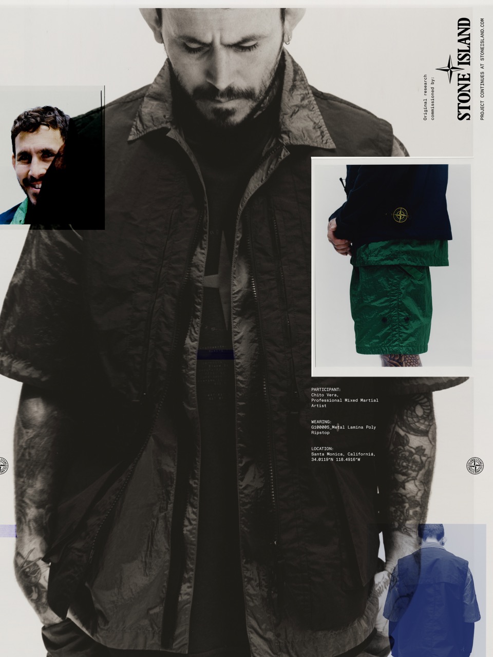 Collage of Chito Vera wearing a navy blue Stone Island utility vest