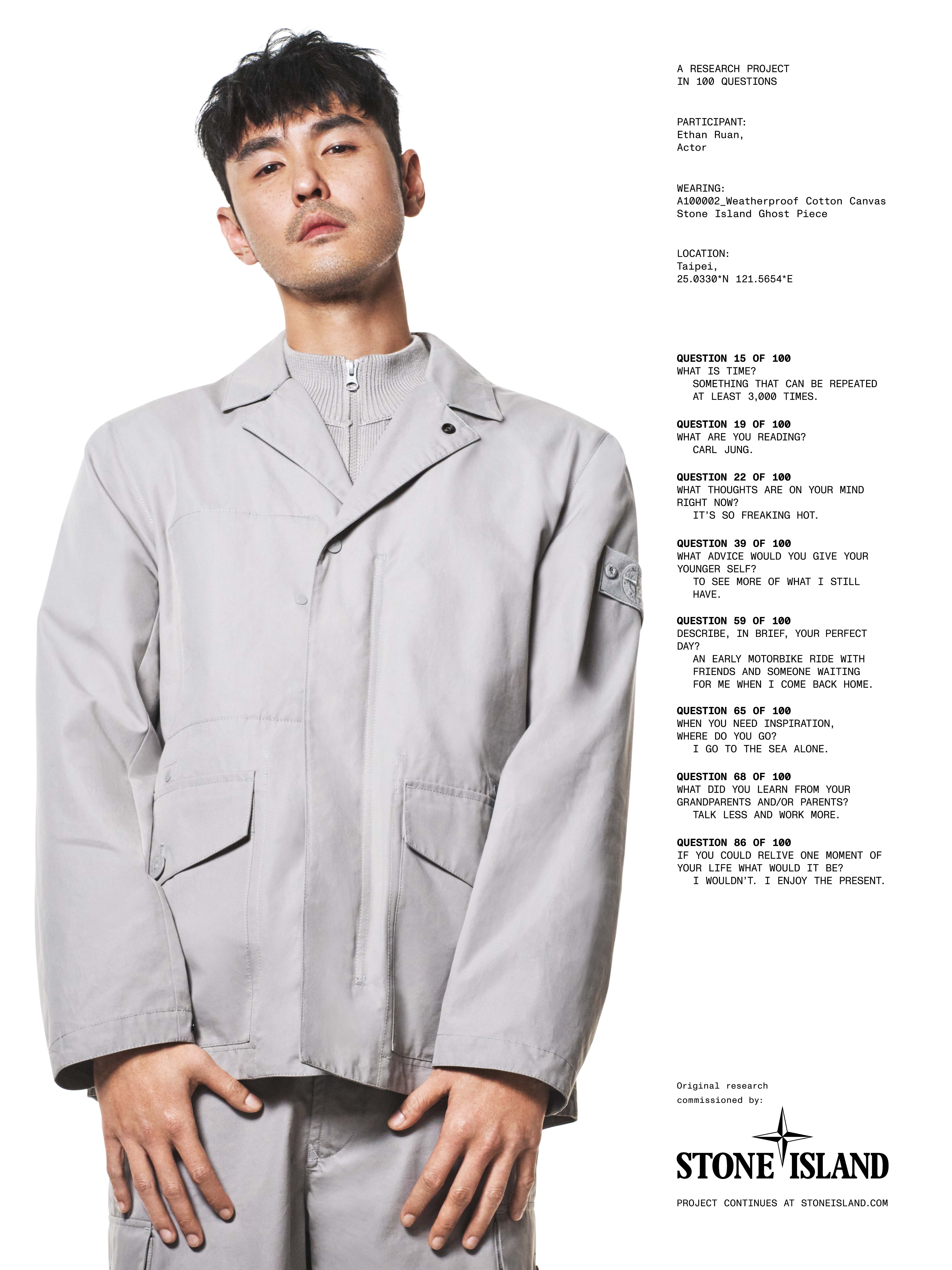Ethan Ruan wears the Stone Island Ghost SS ‘025 Weatherproof Cotton Canvas blazer made from premium organic cotton fibres.
