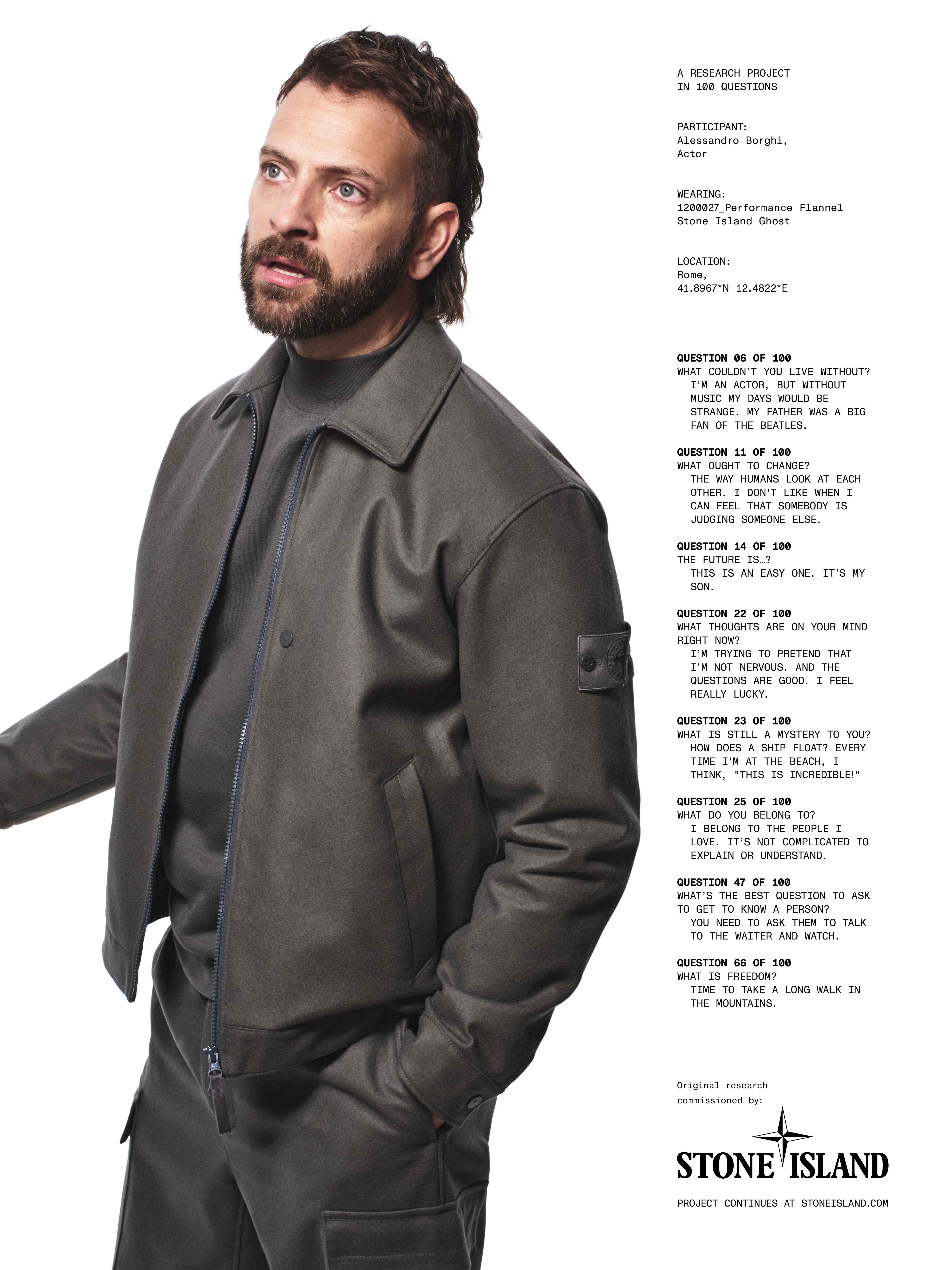 Alessandro Borghi wearing a grey cropped jacket by Stone Island