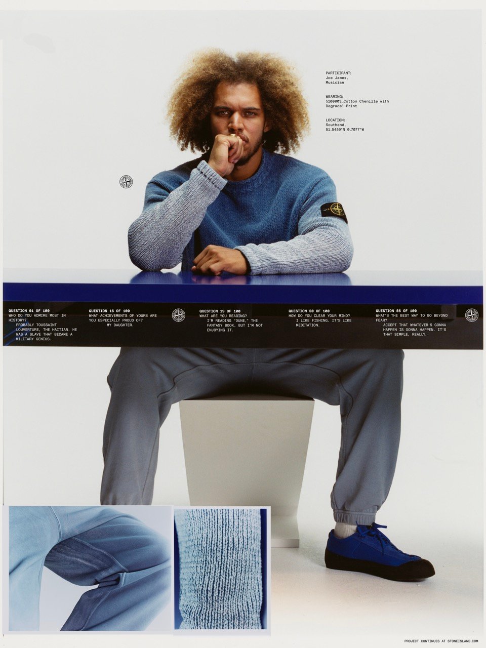 Man wearing a blue Stone Island outfit, seated