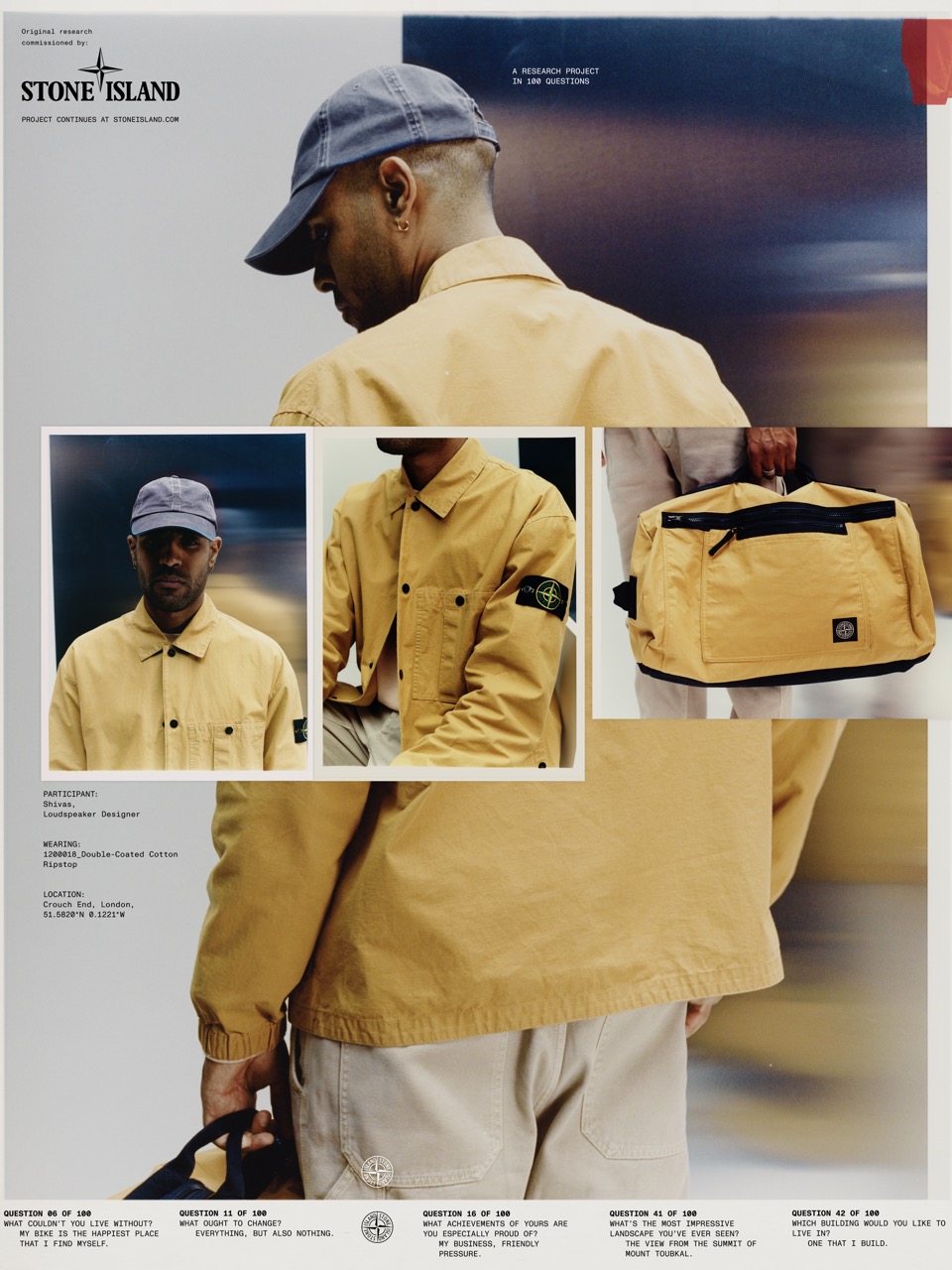 Shivas wearing a Stone Island yellow overshirt styled with a matching bag, shown with detail views