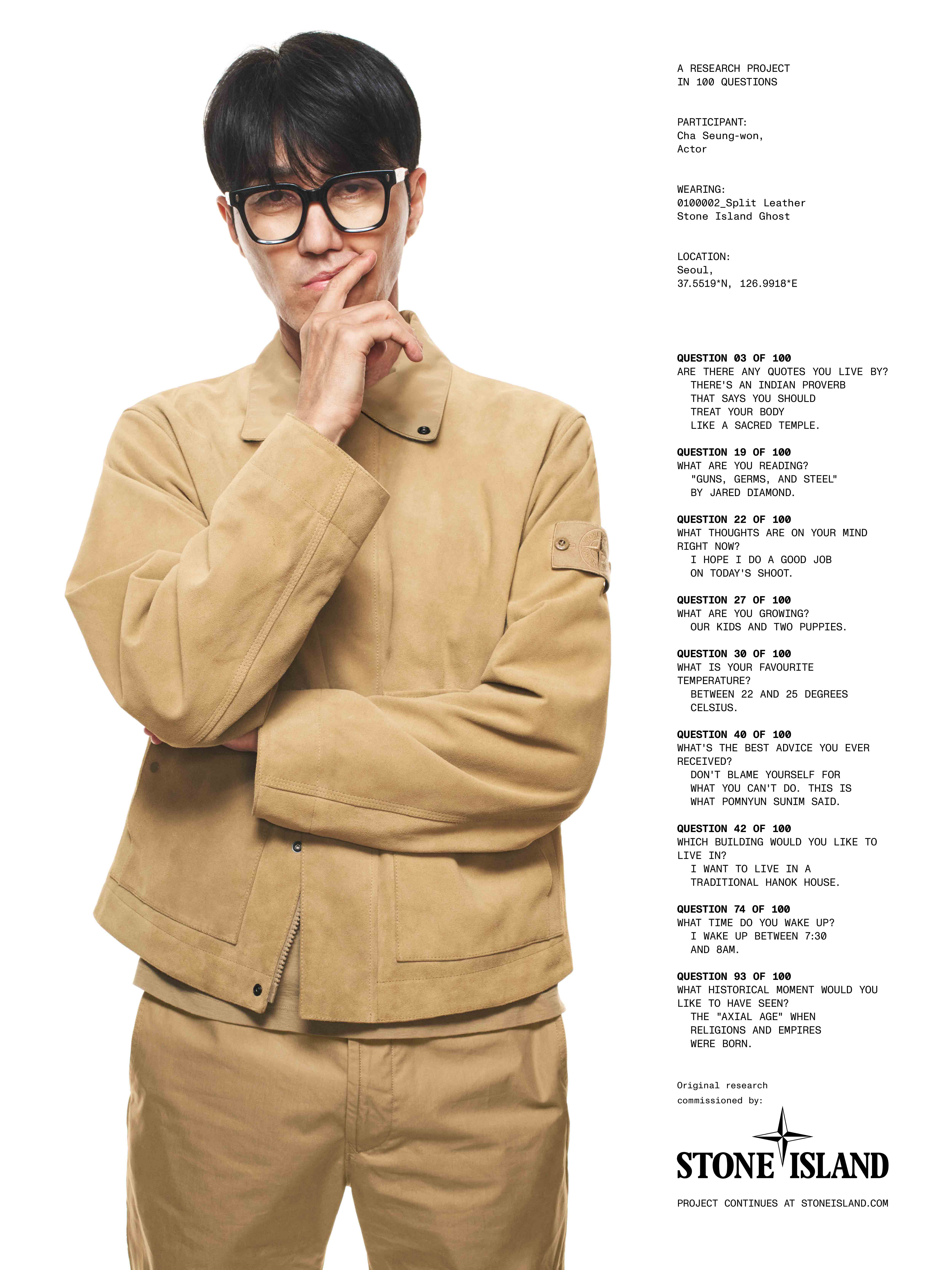 Cha-Seung Won posing in a contemplative wearing a beige Stone Island leather jacket