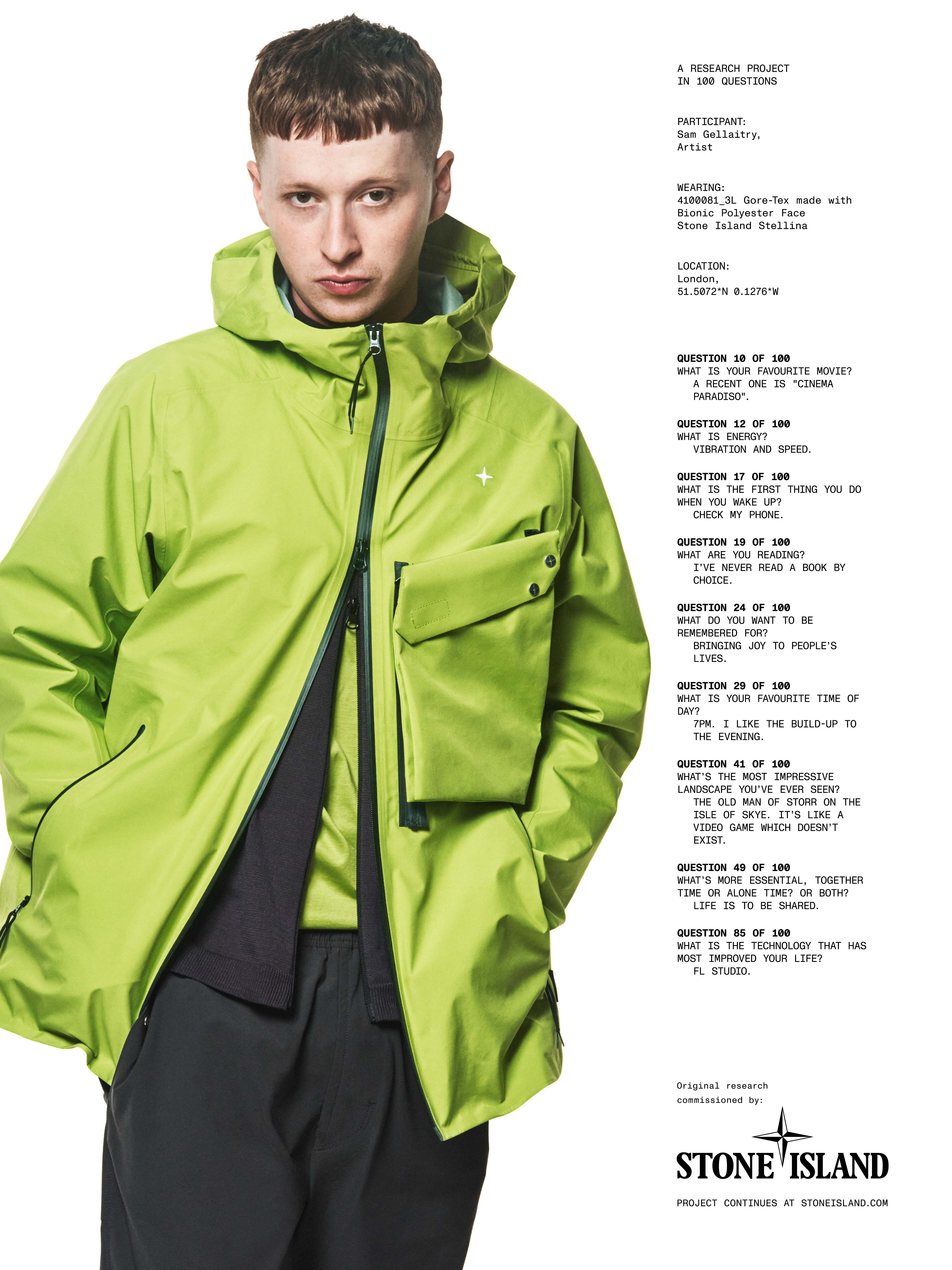 Sam Gellaitry wears the 4100081 Gore-Tex jacket by Stone Island.